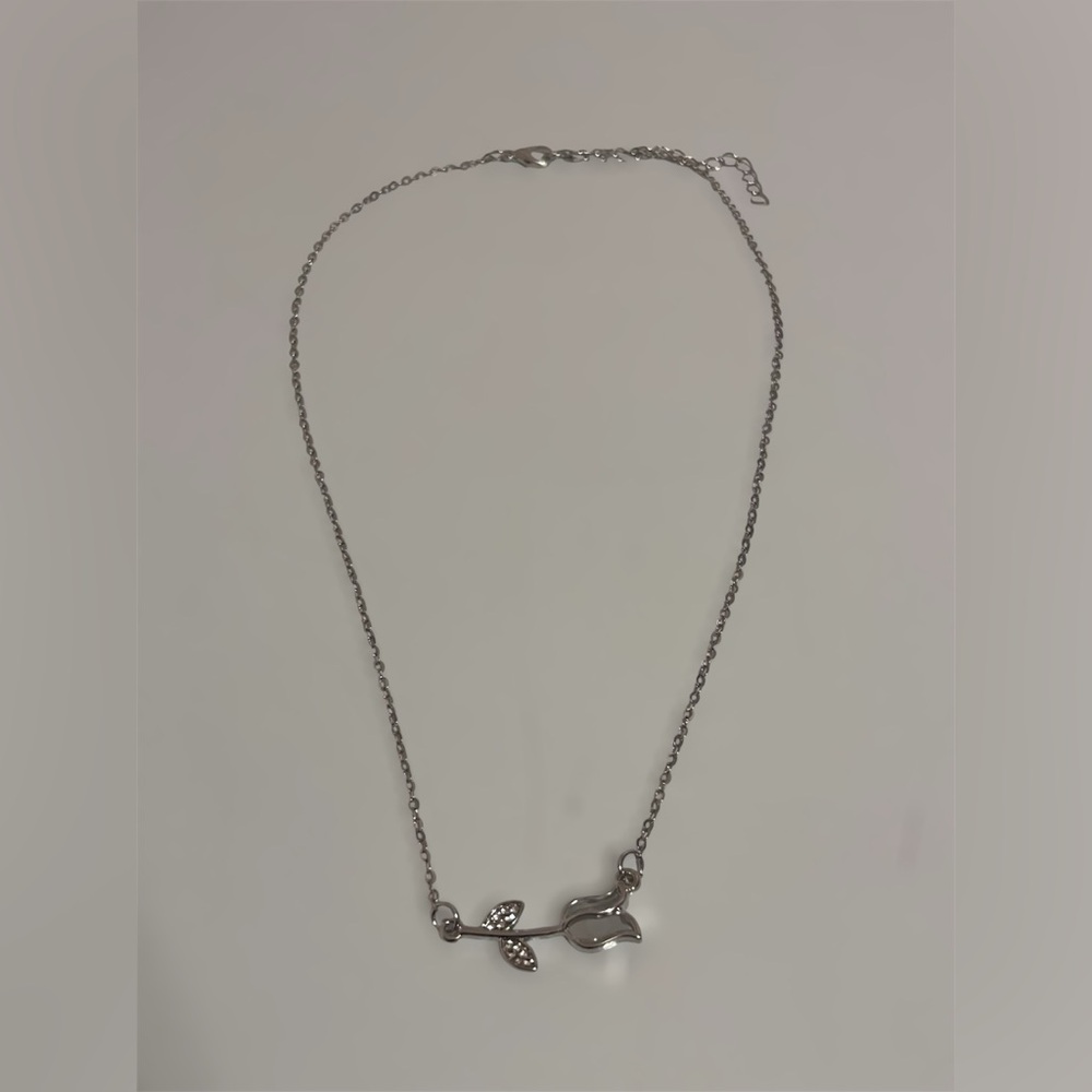 Silver Tulip Bar Necklace | Rhinestone Leaf Floral Pendant